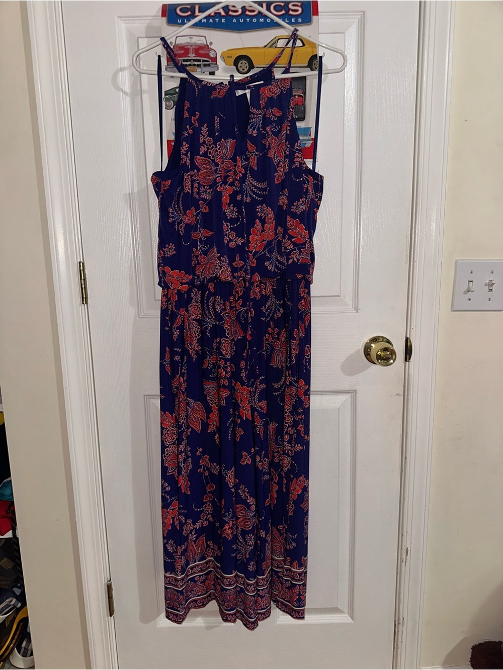London Times Navy Blue Floral Halter Jumpsuit with Red Print